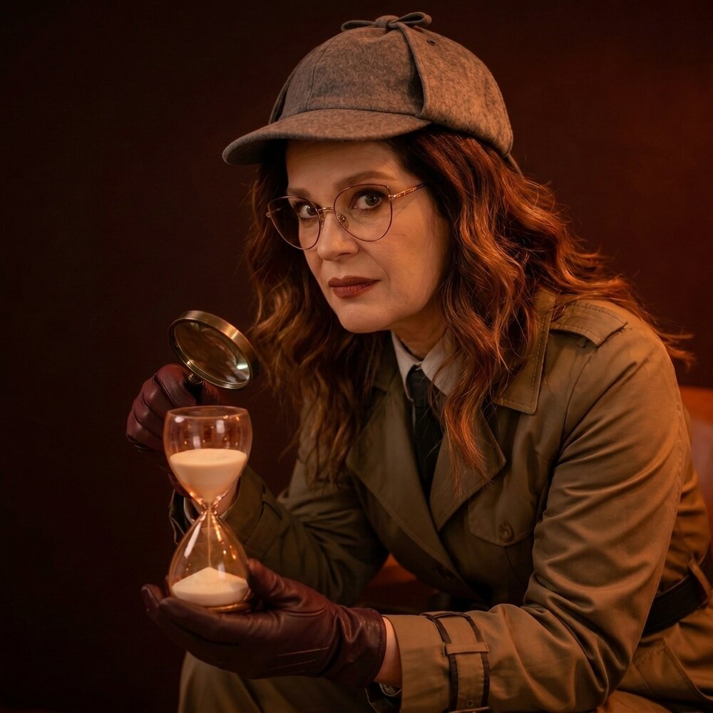 Neíla Kessler observando uma ampulheta através de uma lupa